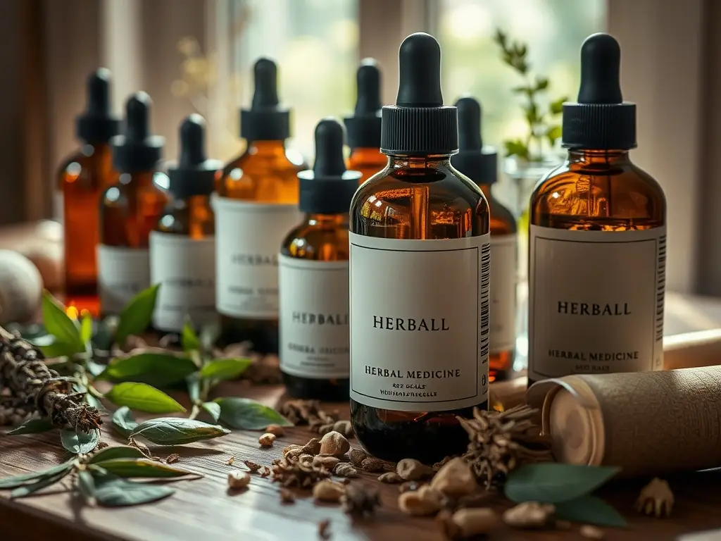 A close-up shot of various dried herbs and herbal supplements in small glass jars, arranged on a wooden table. The lighting is soft and natural, highlighting the textures and colors of the herbs. The image conveys a sense of natural healing and wellness.